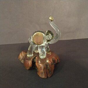 Glass Elephant Hand Blown Trunk Up Figurine Burl Wood Base Gold Ears